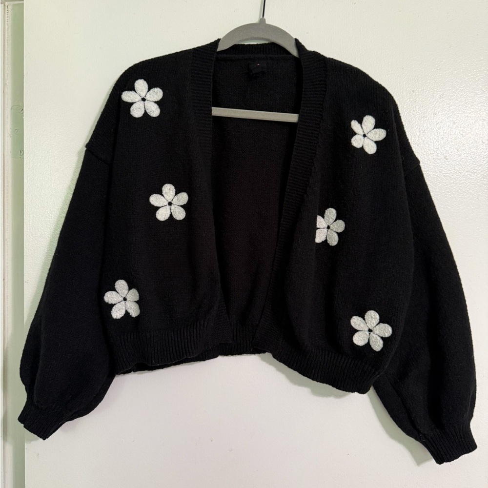 J.O.A. Black Cardigan with White Floral Accents